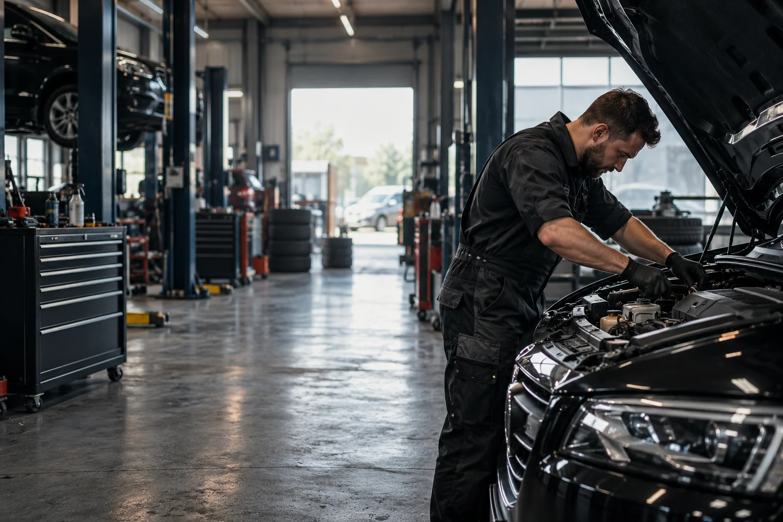 Mechanic working on a car in a busy workshop